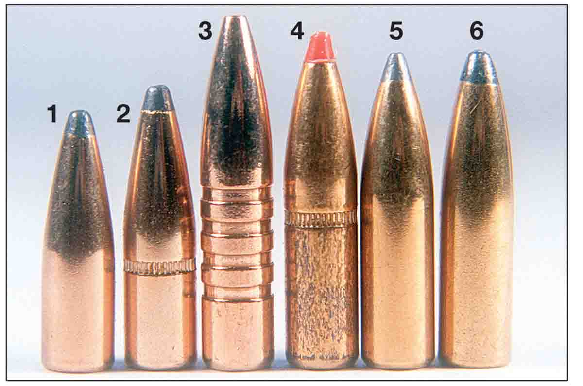 Bullets tested include the (1) Hornady 87-grain Spire Point, (2) Hornady 100-grain InterLock, (3) Barnes 115-grain TSX, (4) Hornady 117-grain SST, (5) Sierra 117-grain spitzer and (6) Speer 120-grain spitzer.